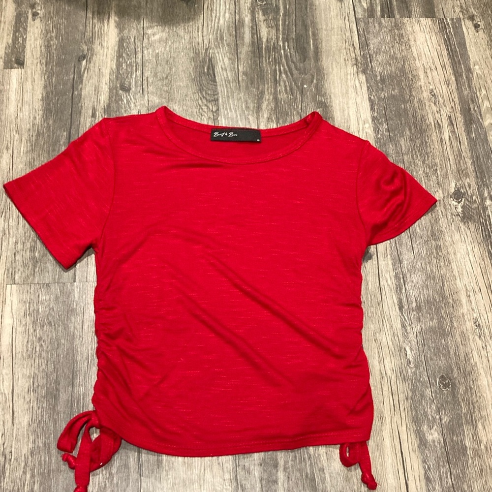 Brit & Bri red tee-shirt with ties on sides